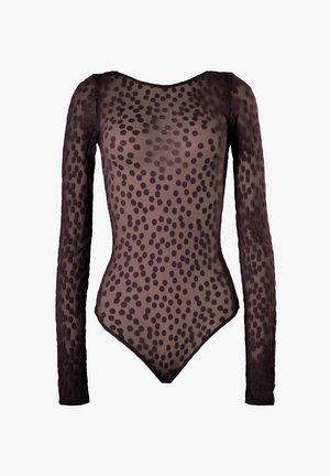 Body in tessuto trasparente a maniche lunghe, con base viola scuro e pois più chiari. Silhouette aderente con scollo rotondo.
