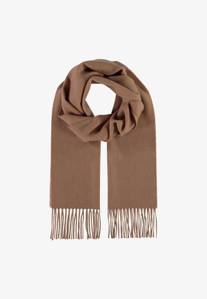 Barna sál, puha anyagból készült, varrat nélküli dizájnnal és bojtolt végekkel, sima textúrával és körkörös elrendezéssel.