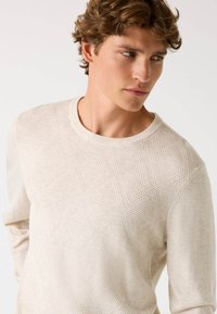 Giovane uomo con capelli ricci di un marrone chiaro, che indossa un maglione testurizzato color crema, mentre guarda verso destra su uno sfondo semplice.