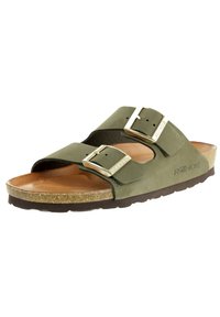 Gröna lädersandaletter med två justerbara remmar och silverfärgad spänne. Korkfotbädd och texturerad svart gummisula för bra grepp.