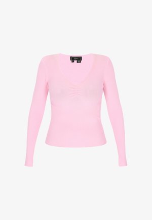 Top roz cu maneci lungi, cu un decolteu adânc în formă de V și detalii gathered în centru. Textură moale, design ajustat, etichete vizibile la guler.