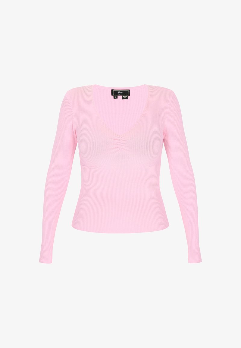Pink ribbed long-sleeve top with a deep V-neck and gathered detailing at the center. Soft texture, fitted design, tags visible at the neckline.