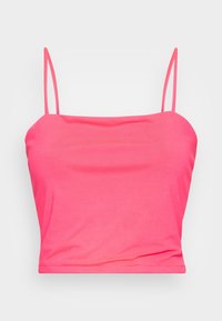 Růžový zkrácený top s tenkými ramínky, hladkou texturou a přiléhavým střihem. Jednoduchá a bezšvová konstrukce, vhodná pro volnočasové nošení.