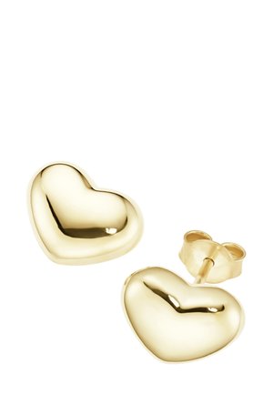 Pair of shiny gold heart-shaped stud earrings with butterfly backings on a white background.