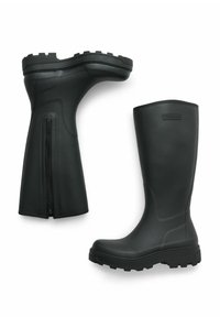 Bottes de pluie en caoutchouc noires avec une semelle texturée, un tige haute et une fermeture éclair. Comprend un talon prononcé et un col droit.