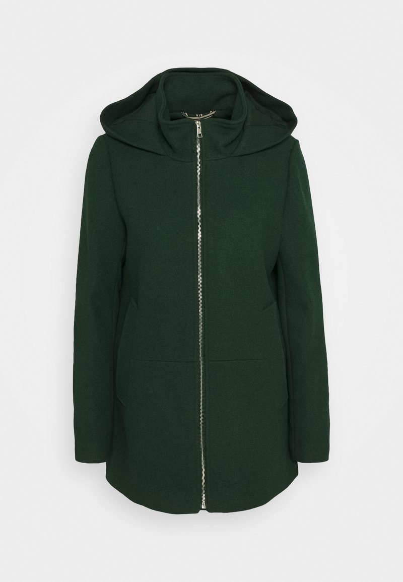 Zielony wełniany płaszcz z kapturem, wyposażony w przedni zamek błyskawiczny, dwie boczne kieszenie i gładką fakturę. Prosty krój i minimalistyczny design.