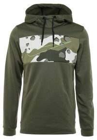 Sudadera verde con un diseño de camuflaje en el pecho y un panel de color más claro. Fabricada con un tejido suave y texturizado, incluye capucha con cordón.