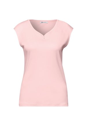 Hellrosa ärmelloses Damenoberteil mit V-Ausschnitt und zwei kleinen Knöpfen unterhalb des Halsausschnitts, schlichtes Design.