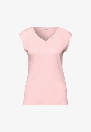 Hellrosa ärmelloses Damenoberteil mit V-Ausschnitt und zwei kleinen Knöpfen unterhalb des Halsausschnitts, schlichtes Design.