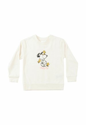 White long-sleeve sweatshirt with Snoopy and four yellow birds graphic above pink "Happy days" text centered on the front.