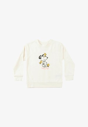 White long-sleeve sweatshirt with Snoopy and four yellow birds graphic above pink "Happy days" text centered on the front.