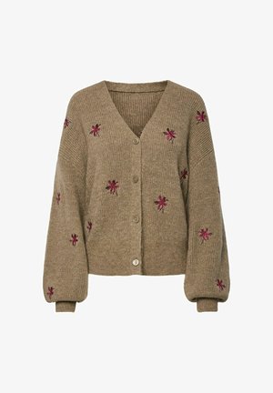 Brown knitted cardigan with a V-neck, featuring pink floral embroidery and button closure. Loose-fit sleeves with ribbed cuffs.