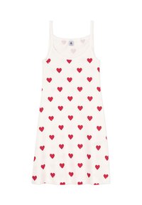 Abito bianco senza maniche con un motivo a cuori rossi su tutta la superficie. Realizzato in tessuto morbido, presenta una vestibilità comoda e spalline sottili.