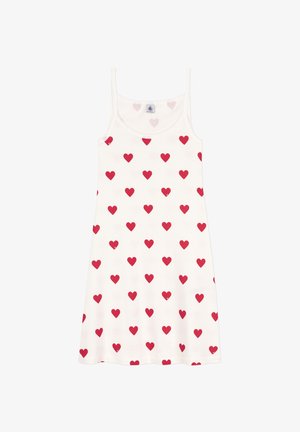 Weißes ärmelloses Kleid mit einem ganzflächigen Muster aus roten Herzen. Hergestellt aus weichem Stoff, mit einem lockeren Schnitt und dünnen Trägern.