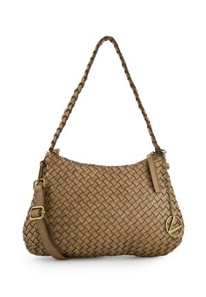 Brown woven leather handbag with a braided strap and gold-tone hardware. Features a detachable shoulder strap and subtle logo detail.