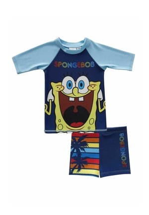 Two-piece children's swimwear with light blue sleeves, a large SpongeBob face on the shirt, and colorful striped shorts with palm trees.