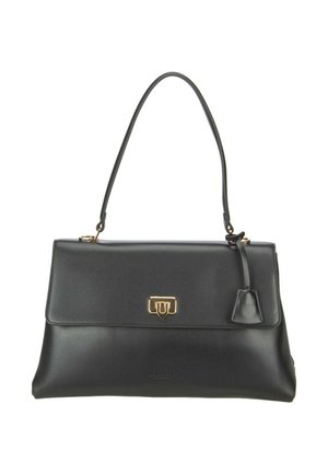 Sac à main en cuir noir avec une seule poignée supérieure, une fermeture à boucle dorée et une étiquette décorative en cuir suspendue à la poignée.