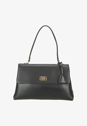 Schwarze Lederhandtasche mit einem einzelnen oberen Griff, Verschluss in Goldoptik und einem dekorativen Lederanhänger, der am Griff hängt.