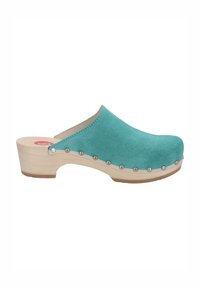 Turquoise suede clog with a rounded toe, wooden base, and silver studs along the side. Smooth texture with a low heel.