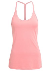 Light pink tank top made of soft fabric, featuring a racerback design and thin straps. Smooth texture with no visible patterns.