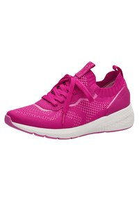 Rosa sportliche Sneakers mit einem gestrickten Obermaterial, strukturiertem Muster, Schnürdesign und einer weißen Zwischensohle mit einem strukturierten Bereich.