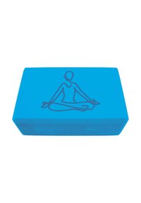 Blauer Yoga-Block aus Schaumstoff, rechteckige Form mit glatter Oberfläche. Besitzt eine minimalistische Silhouette einer sitzenden Figur in Dunkelblau.