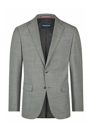 Hellgrauer Herrenblazer mit Kerbkragen, zwei Knöpfen, Pattentaschen und einem gemusterten dunklen Innenfutter.