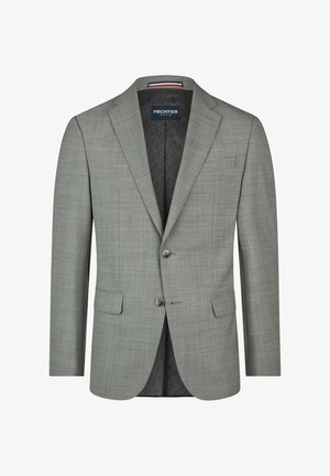 Light gray men's blazer with notch lapels, two buttons, flap pockets, and a patterned dark inner lining.