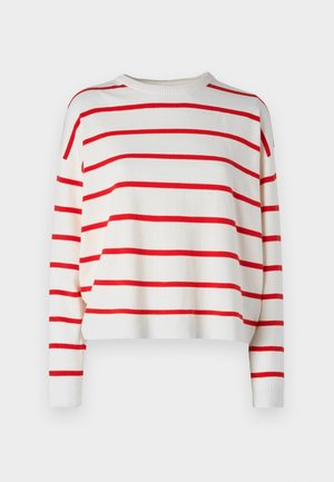 White sweater with bold red horizontal stripes, ribbed crew neckline, and long sleeves. The fabric appears soft and lightweight.