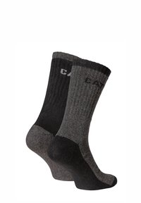 Deux paires de chaussettes de marin en gris foncé et noir. Texture côtelée avec des talons et des orteils renforcés. Logo discret près du haut des chaussettes.