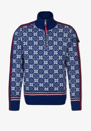 Pull en maille bleu avec motif flocon de neige blanc, rayures rouges et blanches sur les poignets et l'ourlet, col à demi-fermeture éclair et détails rayés sur les manches.