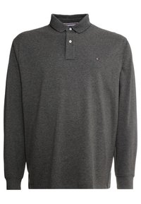 Gray long-sleeve polo shirt made of cotton; features a collar, three-button placket, and a small logo on the chest. Soft texture.