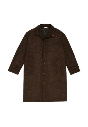 Long brown wool coat with button front, notched collar, side pockets, and quilted black lining.