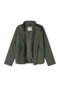 Olivgrüne, gesteppten Jacke mit Reißverschluss, Druckknopfverschluss, zwei Fronttaschen und einem weichen Innenfutter.