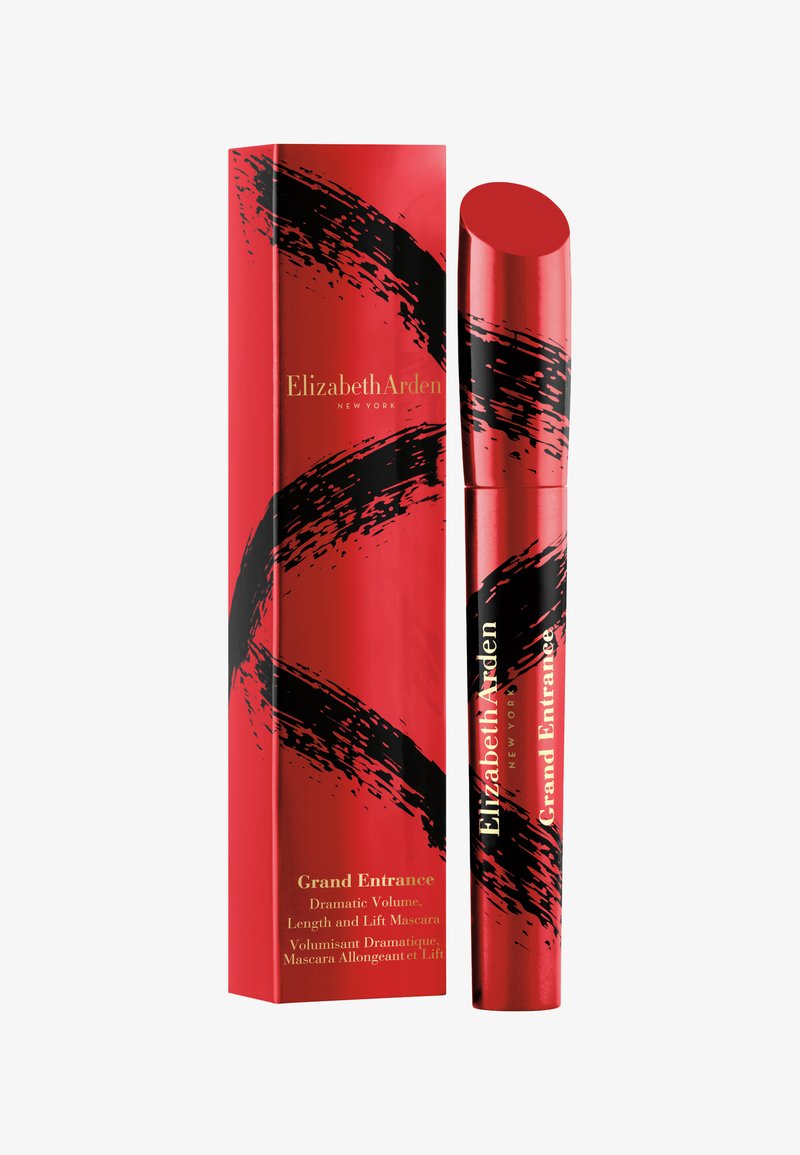 Tube de mascara Red Elizabeth Arden Grand Entrance et boîte assortie avec un design de traits de pinceau noirs et texte doré sur fond blanc.