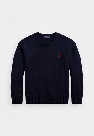 Navy blue knitted crewneck sweater with long sleeves and a small red Polo Ralph Lauren logo on the left chest.