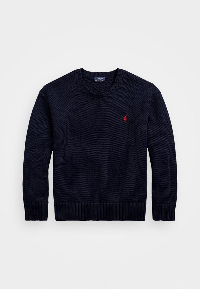 Pull en tricot bleu marine avec col ras du cou, manches longues et petit logo Polo Ralph Lauren rouge sur le côté gauche de la poitrine.
