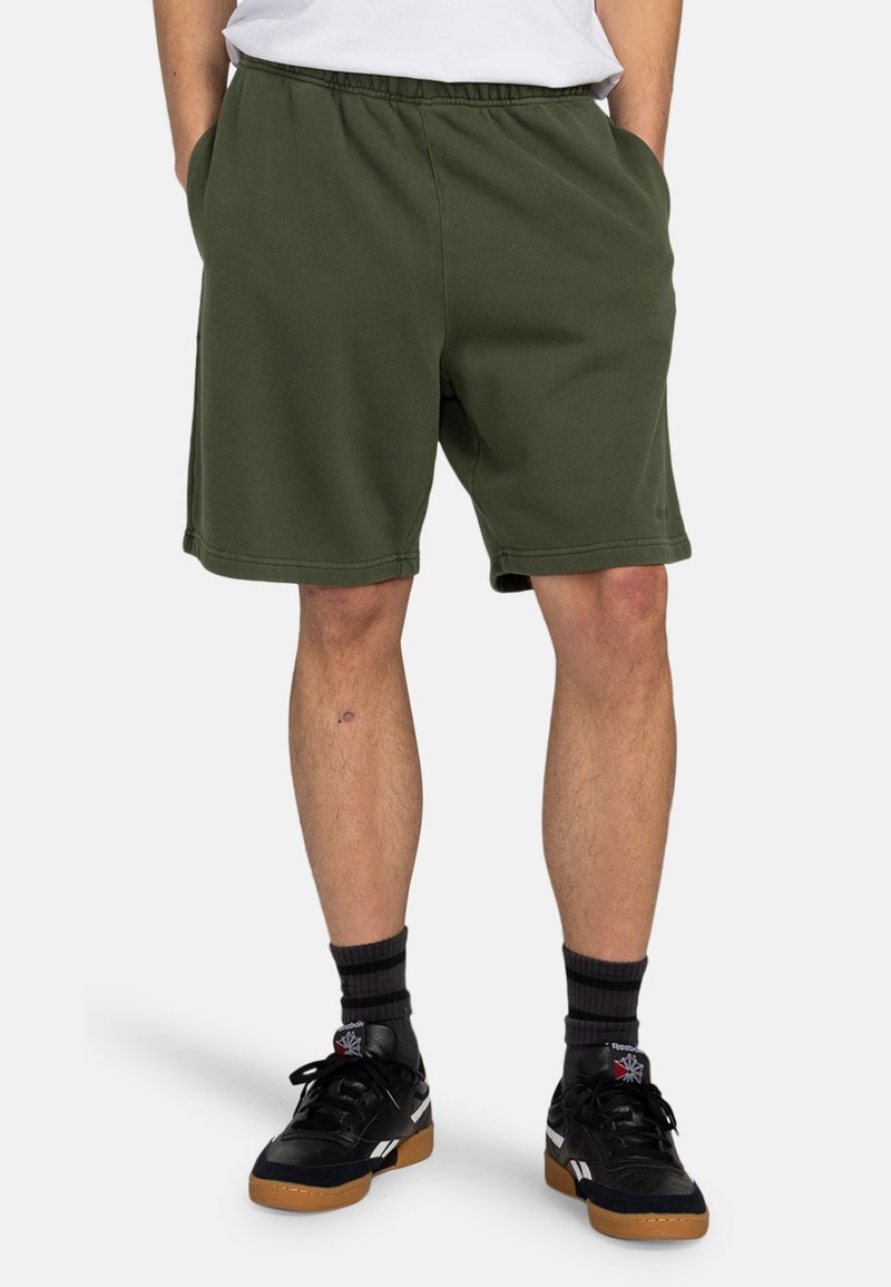 Olive green shorts made of cotton blend, featuring an elastic waistband, side pockets, and a relaxed fit.