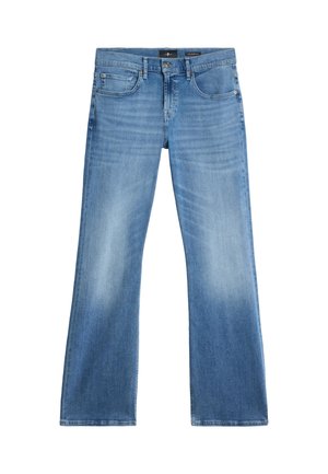 Niebieskie dżinsy bootcut z guzikiem i zamkiem z przodu, kieszeniami z przodu i z tyłu oraz delikatnymi wyblednięciami na udach i kolanach.