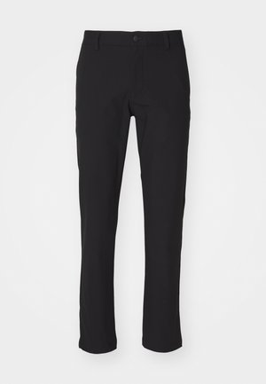 Pantalons noirs en tissu lisse, dotés d'une fermeture à bouton, d'une coupe slim droite et sans motifs ni accents visibles.