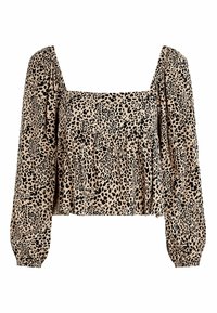Top con maniche a palloncino in fantasia leopardata di tessuto beige, con scollatura quadrata e dettaglio in vita arricciato. Superficie morbida e testurizzata con polsini elastici.