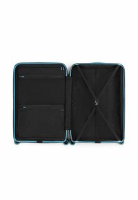 Zwart kofferruimte met blauwe accenten, voorzien van een mesh ritsvak, kruisbanden en een textuurvoering voor organisatie.