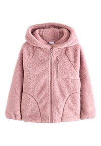 Pehmeä vaaleanpunainen fleece-huppari, jossa on vetoketjullinen etuosa, iso huppu ja sivutaskut. Hupparissa on teksturoitu pinta ja kaarevat saumat.