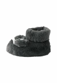 Grauer Plüschschuh mit einer weichen Fellstruktur, runder Form und einem hohen Schaft. Verfügt über einen dekorativen Zehenbereich und ist für hohen Komfort ausgelegt.