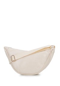 Borsa a spalla beige realizzata in ecopelle testurizzata, con una forma curva, tracolla regolabile e hardware metallico.
