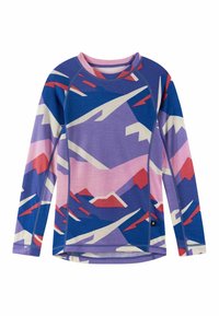 Bluzka z długim rękawem z geometrycznym wzorem w odcieniach niebieskiego, różowego i czerwonego. Wykonana z lekkiego materiału, z okrągłym dekoltem i rękawami raglanowymi.