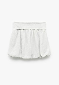 Falda de tela recogida de color gris claro con una amplia cinturilla elástica y dobladillo en forma de burbuja, dispuesta sobre un fondo blanco.