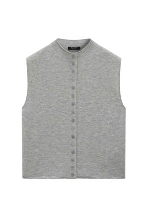 Gilet sans manches gris en tissu doux, avec un col rond et une patte de boutonnage sur le devant avec plusieurs boutons.