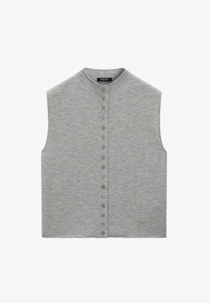 Gilet grigio senza maniche realizzato in tessuto morbido, con scollatura arrotondata e chiusura frontale con bottoni multipli.