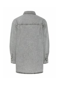 Gray denim shirt with a collared neckline, long sleeves, and buttoned cuffs. Features back yoke and stitched detailing. Plain texture.